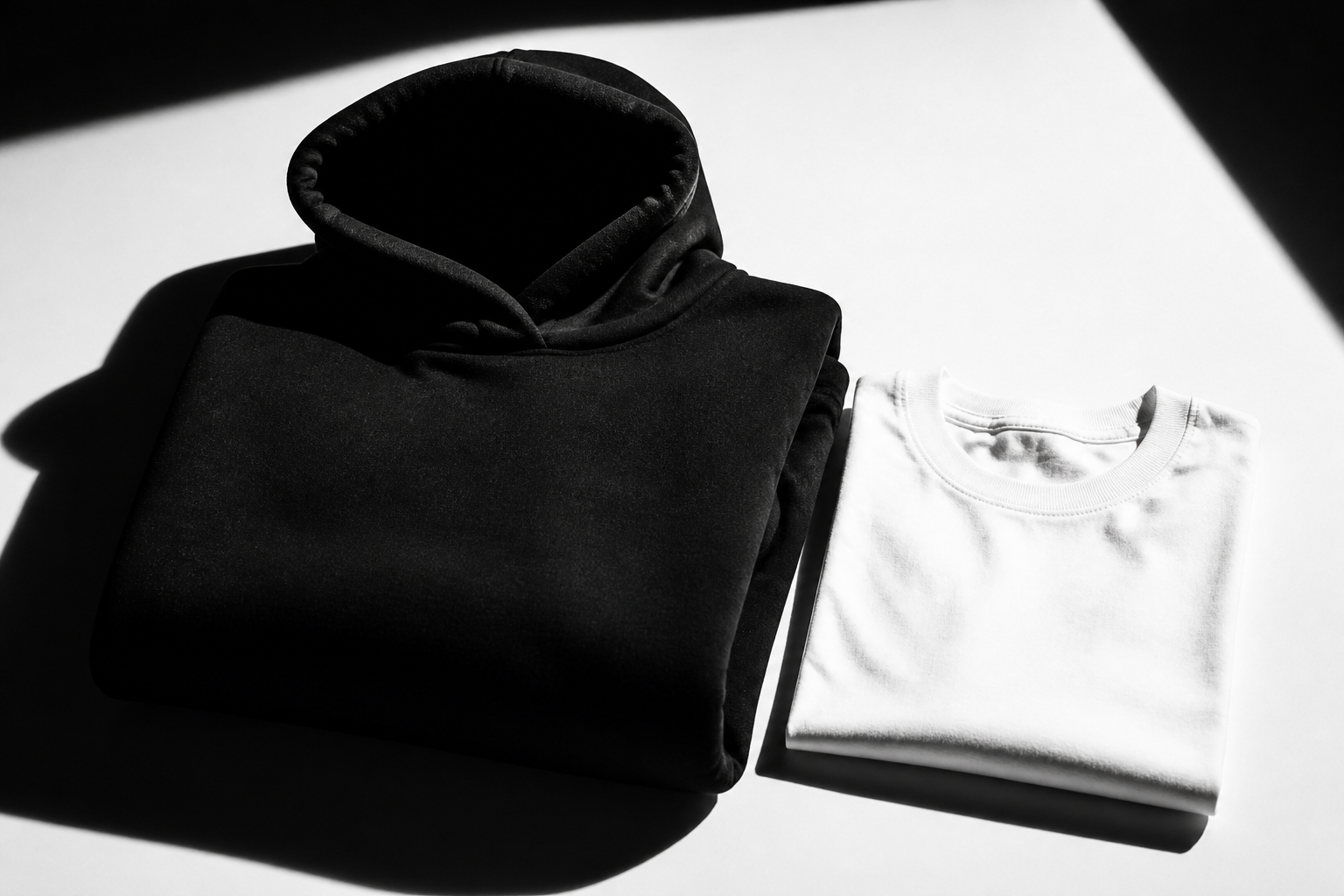 Black and white studio photograph of folded clothing with no people