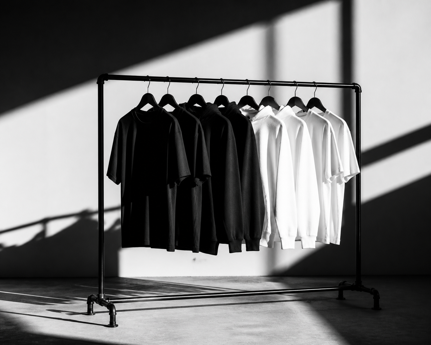 Black and white studio photograph of clothing on a rack with no people